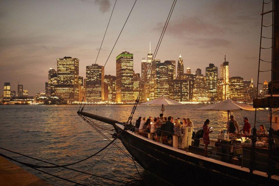 Docked in Brooklyn Heights, Pilot is an outdoor, seasonal oyster bar on a sailboat