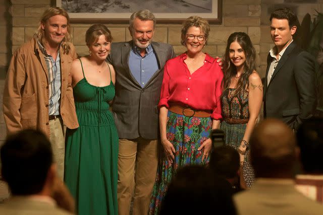 <p>Vince Valitutti/PEACOCK via Getty</p> Conor Merrigan-Turner as Logan, Essie Randles as Brooke, Sam Neill as Stan, Annette Bening as Joy, Alison Brie as Amy, Jake Lacy as Troy in 'Apples Never Fall'