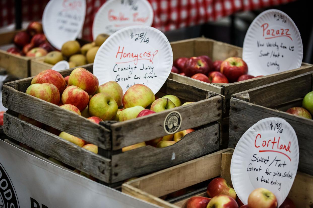 Brightonwood Orchard of Burlington offers a variety of fresh picked apples during the Oconomowoc Winter Farmers Market in this 2018 file photo. Winter farmers markets around the area open this month.