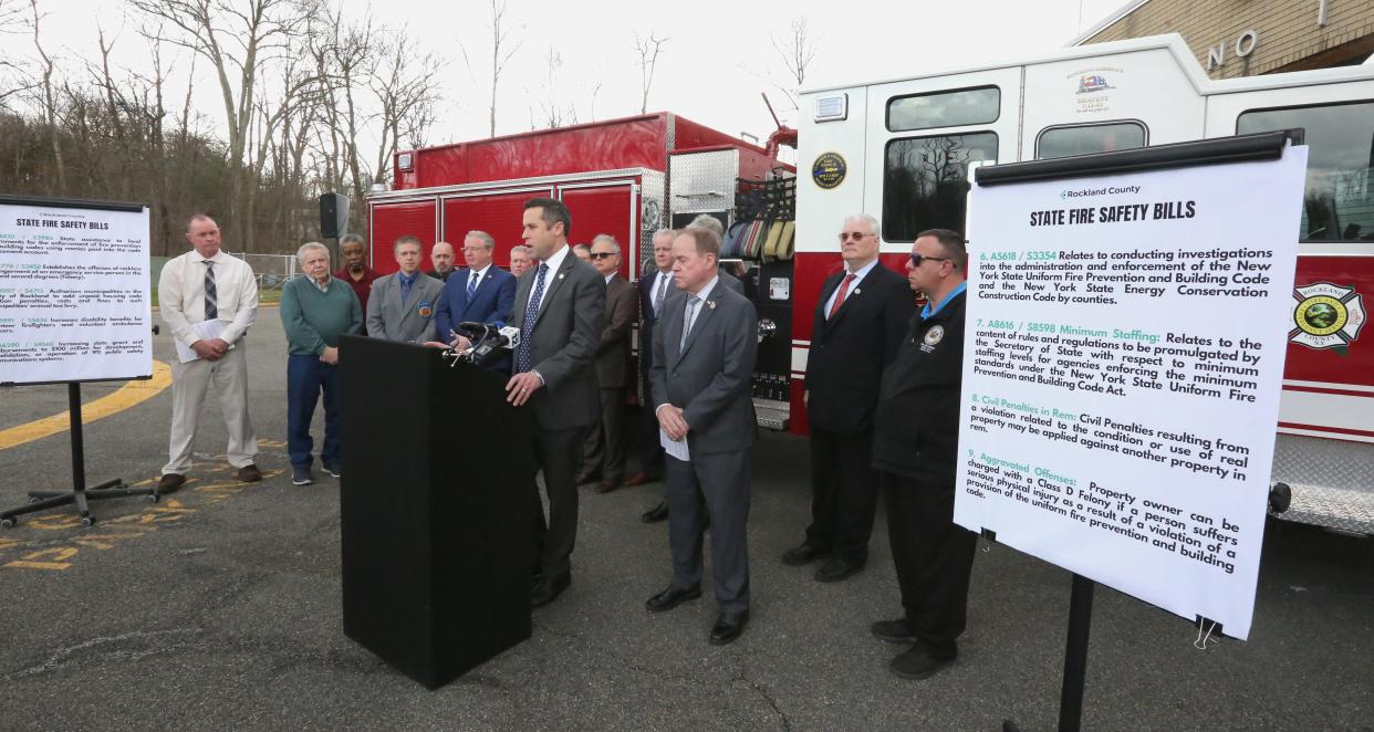 New York State Assemblyman Ken Zebrowski speaks about fire safety bills supported by several elected officials in a bipartisan effort at the Rockland County Fire Training Center in Pomona March 15, 2024.