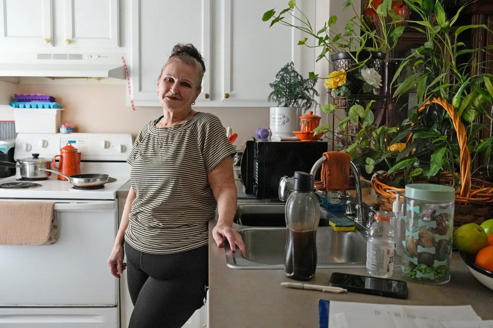 Mar 6, 2023; Columbus, OH, USA;  Barbara Esway, a resident of Morse Glen Apartments since 2014, stands in her apartment. Esway may have to move in May as the complex will stop accepting Section 8 vouchers.  Mandatory Credit: Brooke LaValley/Columbus Dispatch