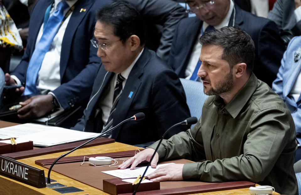 Ukrainian President Volodymyr Zelenskyy addresses a high level Security Council meeting during the 78th session of the United Nations General Assembly at U.N. headquarters, Wednesday, Sept. 20, 2023. (AP Photo/Craig Ruttle)