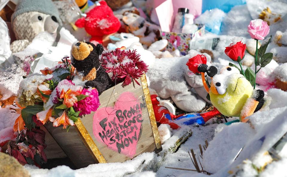 An outpouring of grief, flowers and stuffed toys outside the Clancy residence in Duxbury on Wednesday, Feb. 1, 2023.