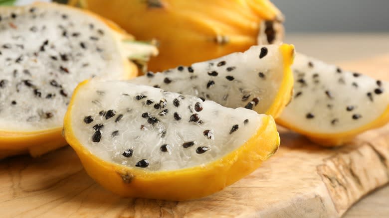 Close-up of several slices of yellow dragon fruit
