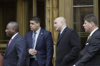 Craig Carton, the former co-host of a sports radio show with ex-NFL quarterback Boomer Esiason, leaves federal court after receiving a 3 1/2 year sentence for defrauding investors in a ticket reselling business, Friday, April 5, 2019, in New York. (AP Photo/Mark Lennihan)