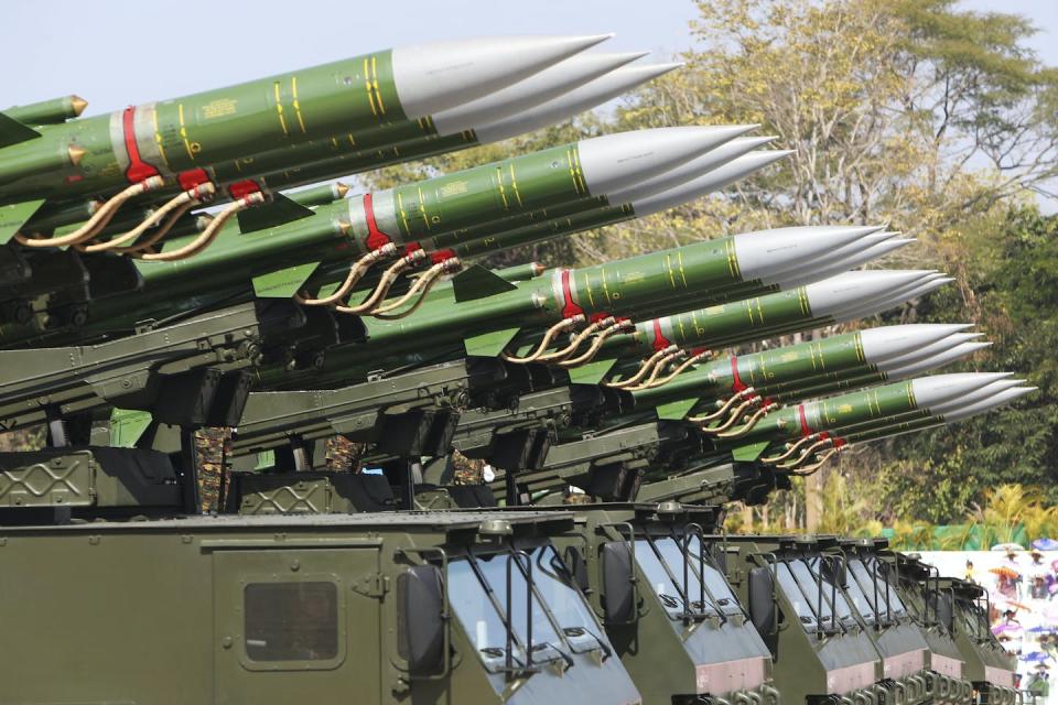 Military trucks loaded with missiles during a ceremony marking Myanmar’s 75th Independence Day anniversary in January. Aung Shine Oo/AP