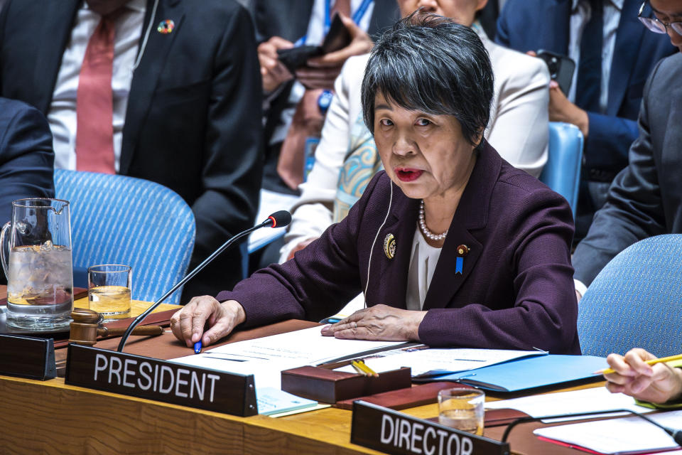 Japanese Foreign Minister Yoko Kamikawa addresses a meeting of the United Nations Security Council on maintenance of international peace and security, nuclear disarmament and non-proliferation, Monday, March 18, 2024, at U.N. headquarters. (AP Photo/Eduardo Munoz Alvarez)