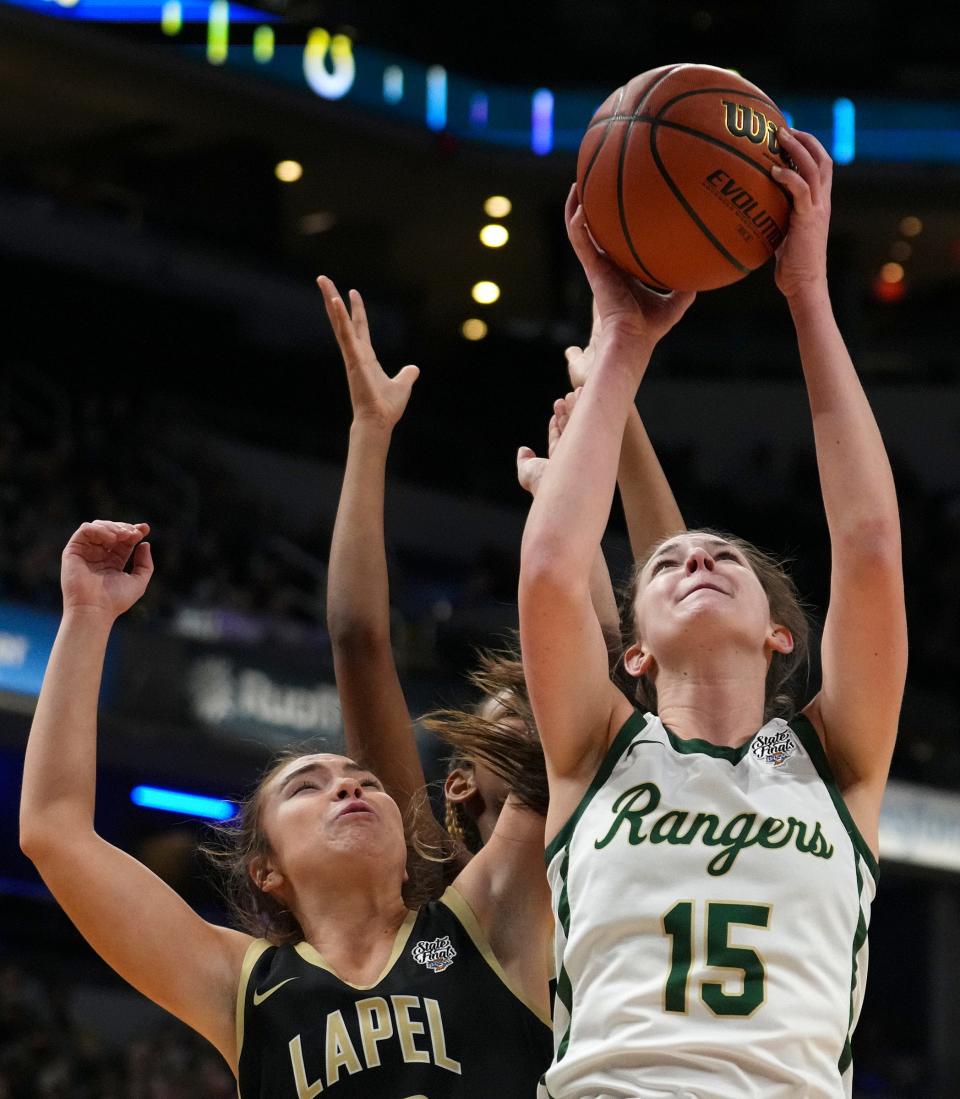 Forest Park Ranger Amber Tretter (15) shoots under defensive pressure from Lapel on Saturday, Feb. 25, 2023, during the IHSAA Class 2A championship game at Gainbridge Fieldhouse in Indianapolis.