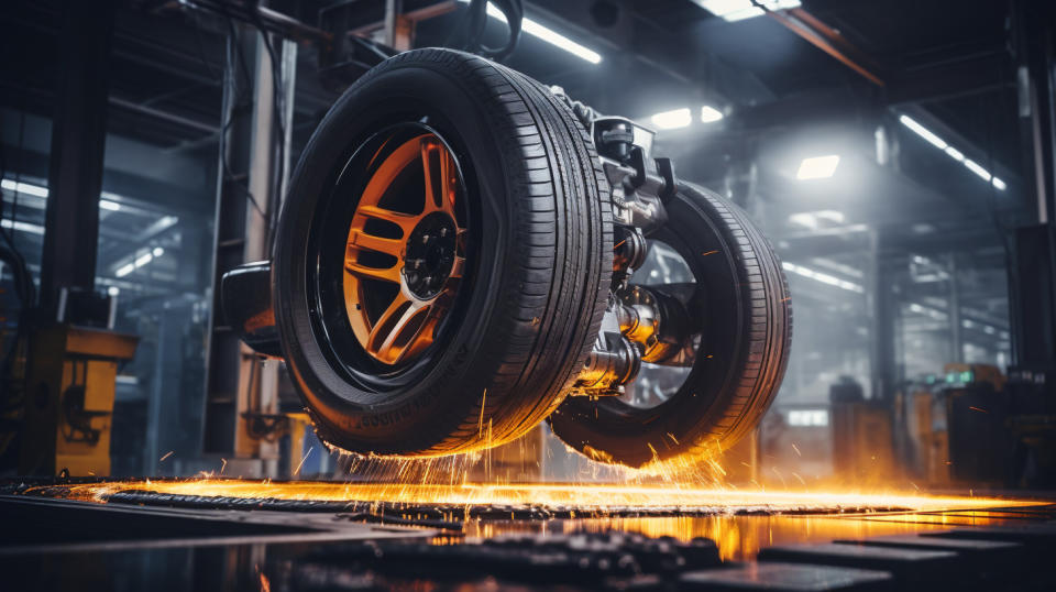 A giant tire machine pouring filler into a car tire in an industrial factory.