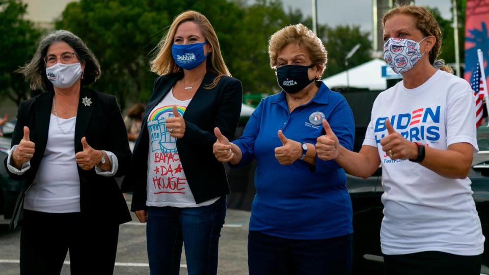 From left to right: Miami-Dade Mayoral Candidate Daniella Levine Cava, Debbie Mucarsel-Powell, (FL-26), Donna Shalala, (FL-27) and Debbie Wasserman Schultz, (FL-23), attend a Barack Obama drive-in rally in support of Joe Biden near Florida International University in Miami, Florida on Monday, November 2, 2020.