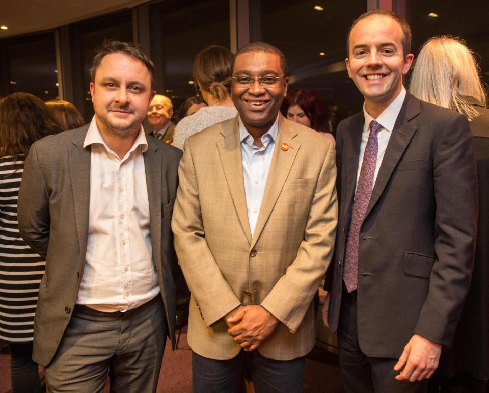 Helpline launch: Seyi with campaign manager Oliver Poole, left, and Deputy Mayor for housing, James Murray, right (JEFF MOORE)