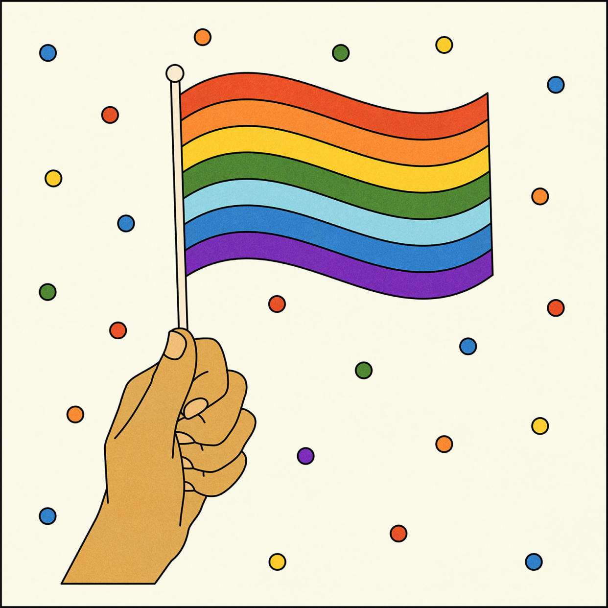 Illustration of hand holding Seven colored pride flag without pink (Allie Sullberg for TODAY)