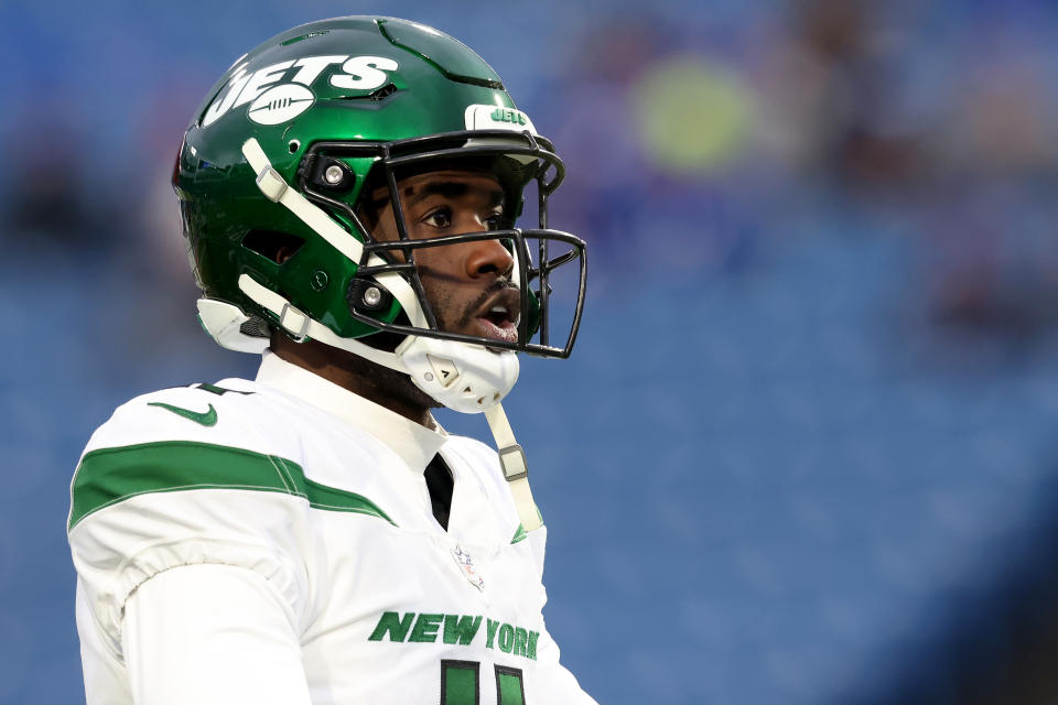 ORCHARD PARK, NEW YORK - JANUARY 09: Denzel Mims #11 of the New York Jets warms up prior to a game against the Buffalo Bills at Highmark Stadium on January 09, 2022 in Orchard Park, New York. (Photo by Bryan Bennett/Getty Images)