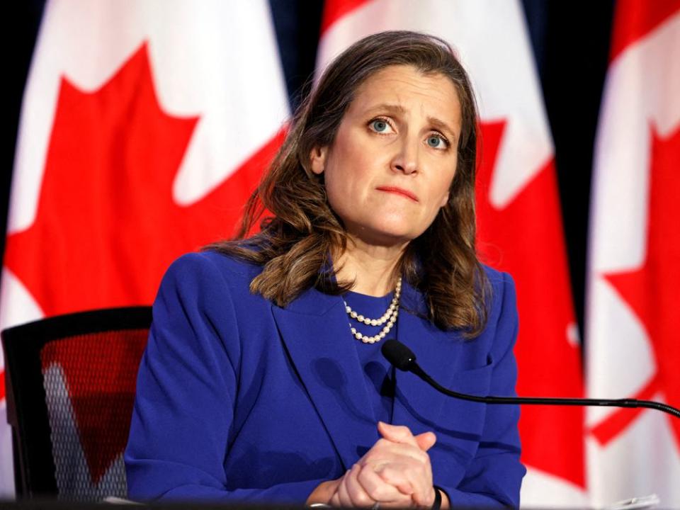 FILE PHOTO: Canada's Finance Minister Chrystia Freeland holds a news conference before delivering the 2022-23 budget, in Ottawa