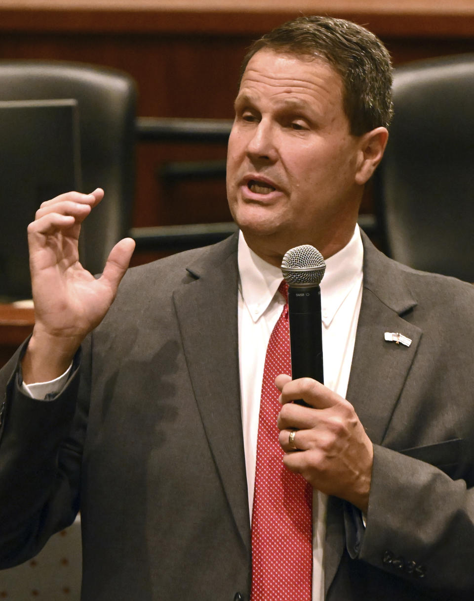 Republican candidate Jeff Crank speaks in a debate at Centennial Hall in Colorado Springs, Colo., Thursday, May 16, 2024. The candidates are running for the U.S. House 5th Congressional District seat that is being vacated by U.S. Rep. Doug Lamborn. (Jerilee Bennett/The Gazette via AP)