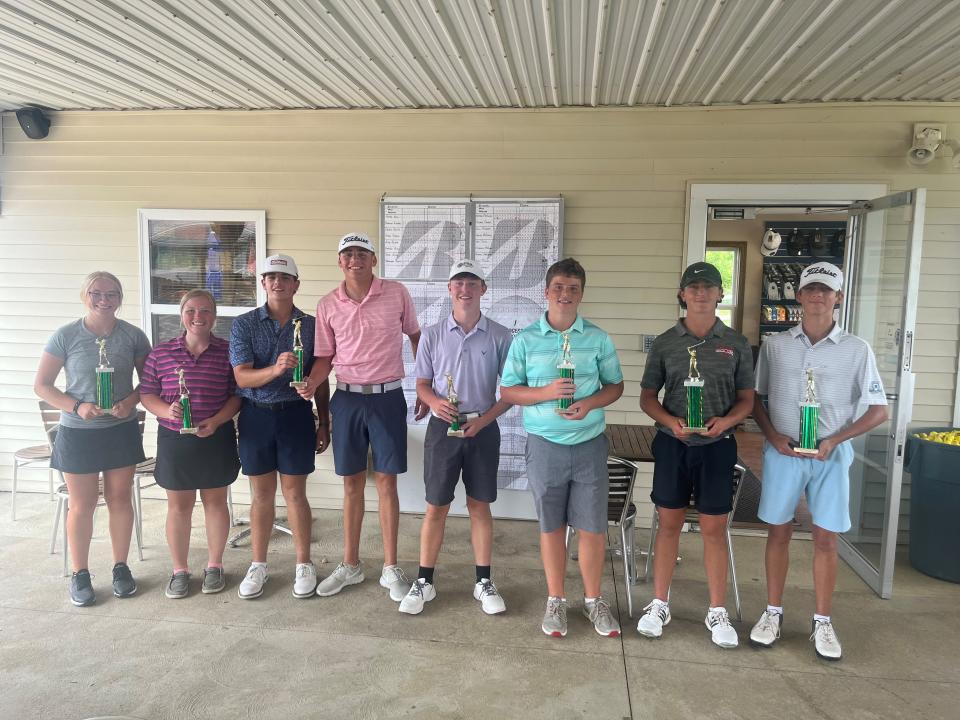 The 2023 Richland County Junior Golf Tournament champions and runners-up gather for a photo at Oak Tree Golf Course on Tuesday afternoon. From left to right are: Katelyn Miley, Brooklyn Kissling, Will Magers, Nate Lind, Griffin Hughes, Josh Maglott, Ashton Hoffbauer and Parker Steffani.