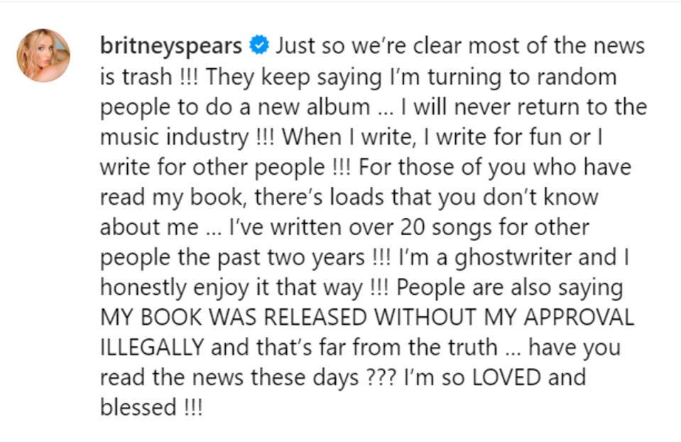 Spears’s post (Britney Spears/Instagram)