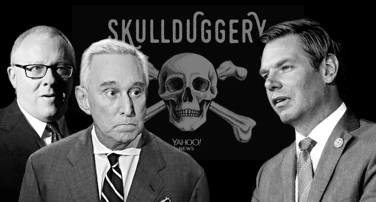 Michael Caputo, Roger Stone and Rep. Eric Swalwell. (Photo illustration: Yahoo News; photos: Kevin Lamarque/Reuters, Joe Raedle/Getty Images, Gibson/Getty Images)