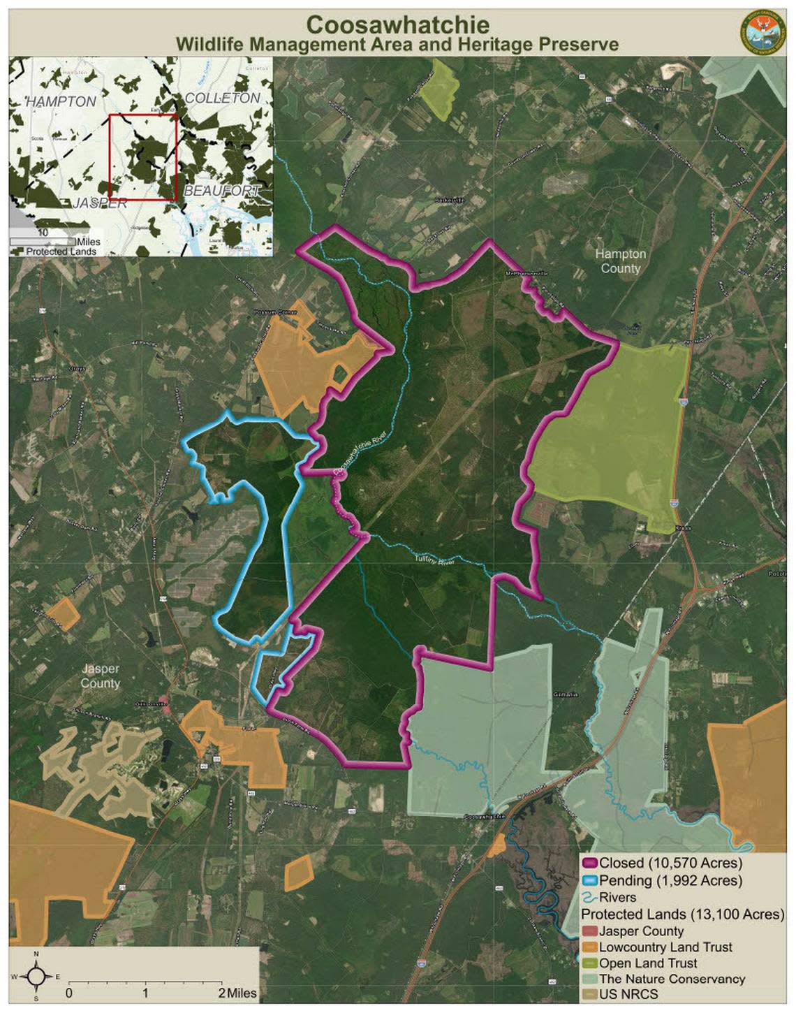 Outlined in pink is the $50 million purchase by the state’s Department of Natural Resources along with other partners of the Buckfield and Slater properties, which will be known as the Coosawhatchie Heritage Preserve/Wildlife Management Area.