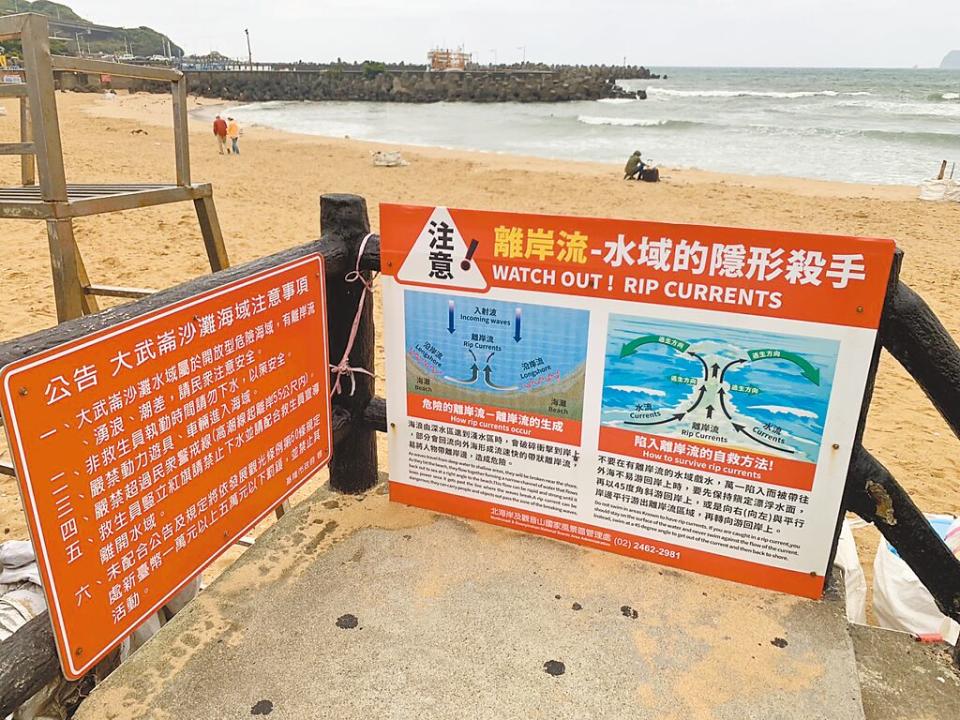 基隆市大武崙沙灘去年發生1天3人溺死的重大意外，基市府與交通部觀光署已在現場設立警告標示，提醒民眾戲水時要小心離岸流。（徐佑昇攝）