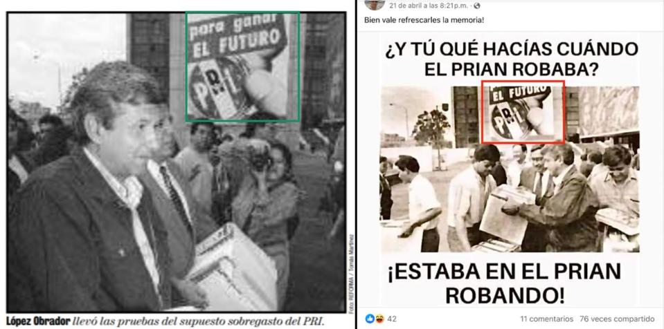 <span>Comparación entre capturas de pantalla de una nota del diario Reforma (I) y una publicación en Facebook, hecha el 3 de mayo de 2024</span>
