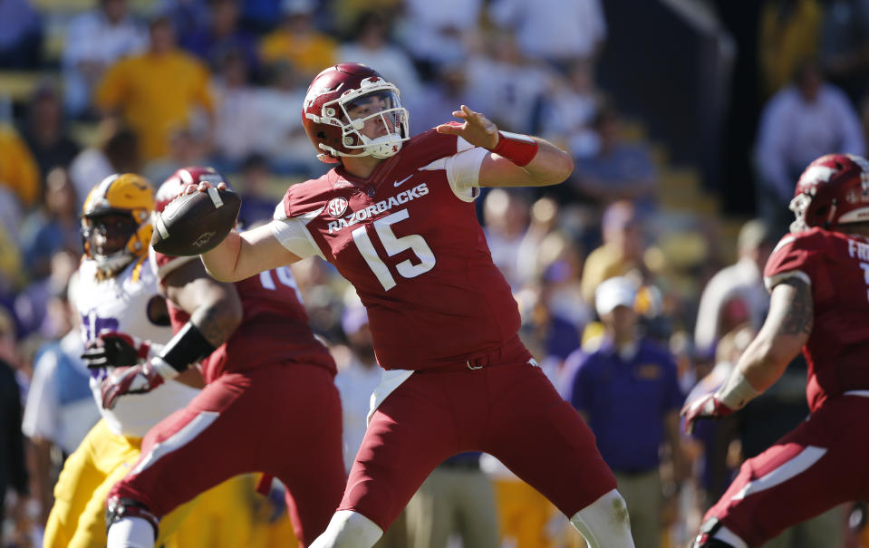 Arkansas quarterback Cole Kelley (15) passes in the second half of an NCAA college football game against LSU in Baton Rouge, La., Saturday, Nov. 11, 2017. LSU won 33-10. (AP Photo/Gerald Herbert)