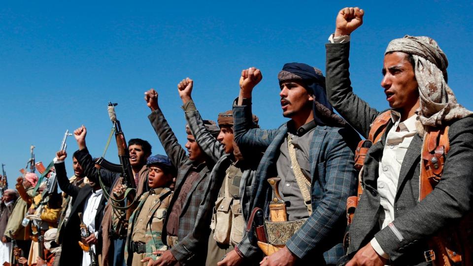 PHOTO: Houthi fighters and tribesmen rally against the U.S. and the U.K. strikes on Houthi-run military sites near Sanaa, Yemen, Jan. 14, 2024.  (AP)