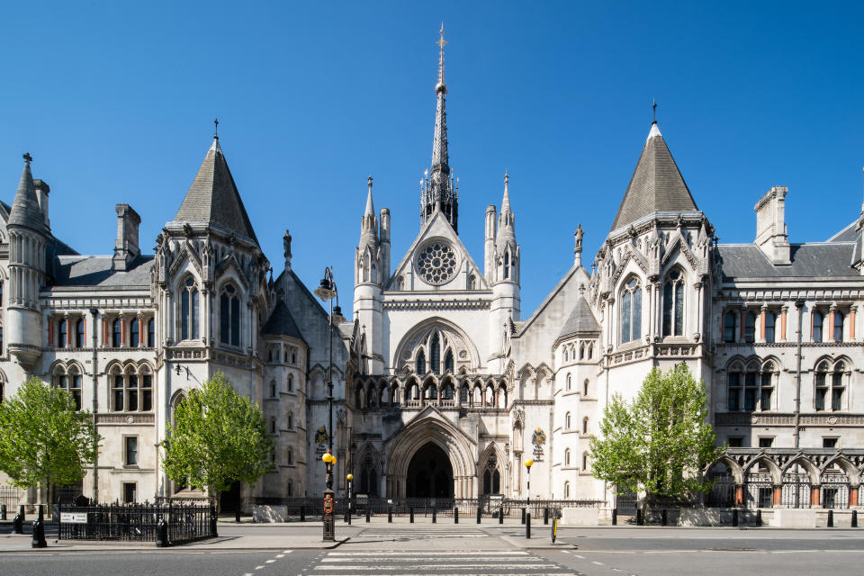 A view of The Royal Courts of Justice in London as the UK continues in lockdown to help curb the spread of the coronavirus.