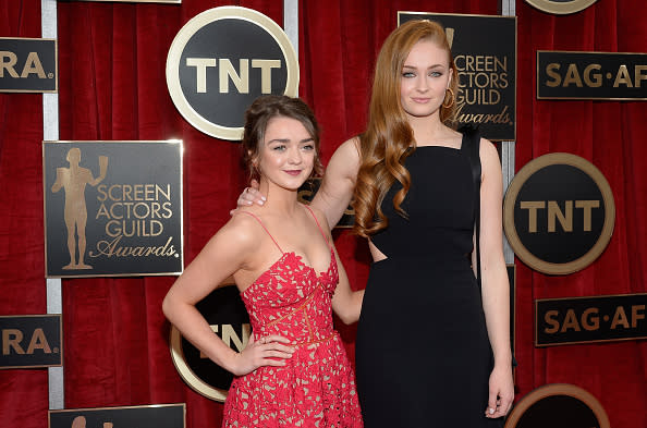 Actors Maisie Williams and Sophie Turner attend the 21st Annual Screen Actors Guild Awards at The Shrine Auditorium on January 25, 2015 in Los Angeles, California.