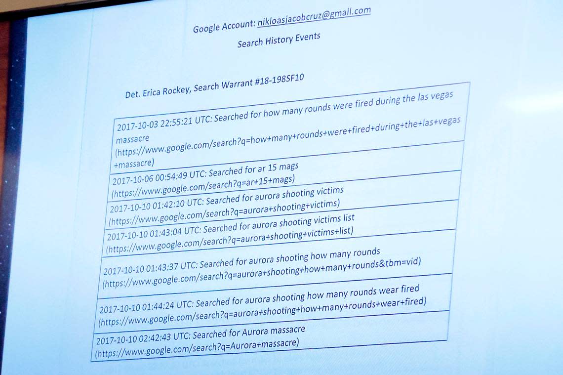 The Google account search history for the account Nikolasjacobcruz@gmail.com shown in court. Nikolas Cruz is being tried in the penalty phase of his trial at the Broward County Courthouse in Fort Lauderdale on Wednesday, July 27, 2022. Cruz previously pleaded guilty to all 17 counts of premeditated murder and 17 counts of attempted murder in the 2018 shootings at Marjory Stoneman Douglas High School.