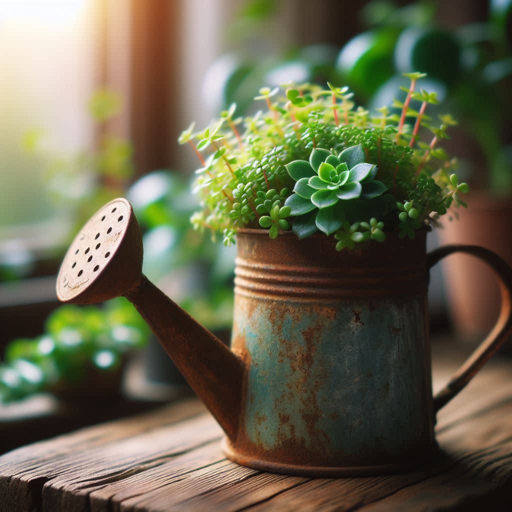 houseplant planted in an old watering can