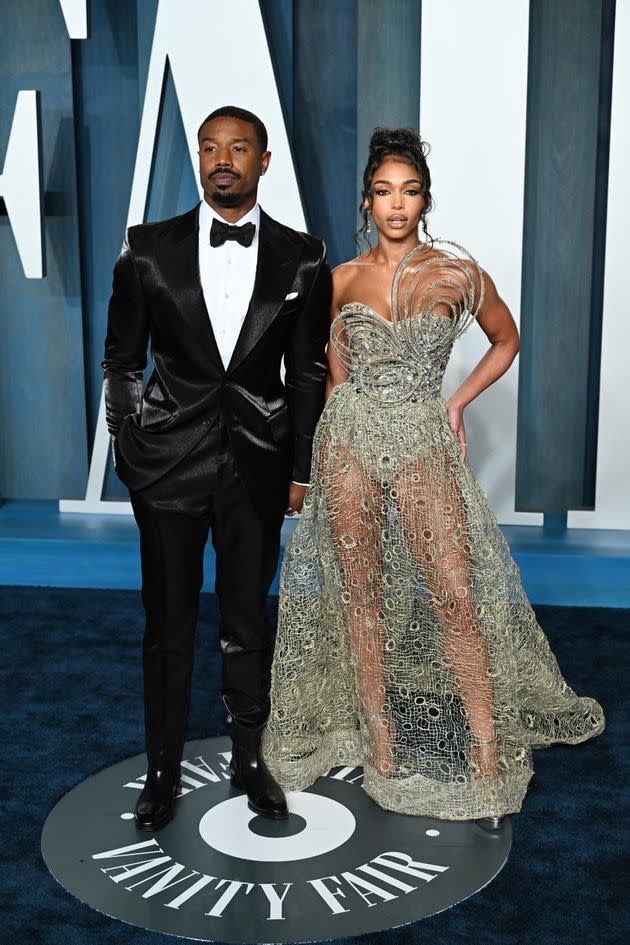 Jordan and Lori Harvey are seen at the Vanity Fair Oscar Party on March 27, 2022, in Beverly Hills, California.