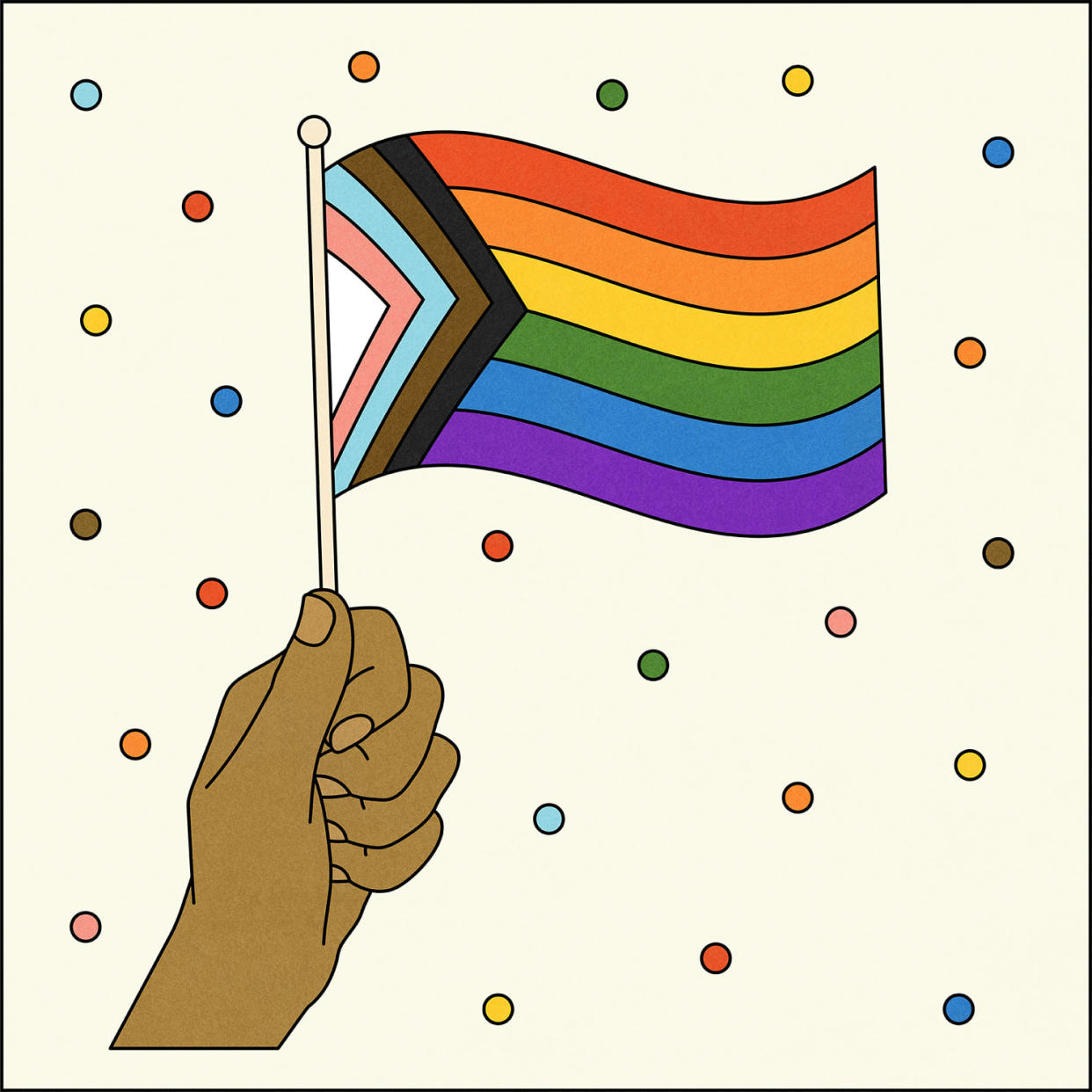 Illustration of hand holding Progress Pride flag (Allie Sullberg for TODAY)