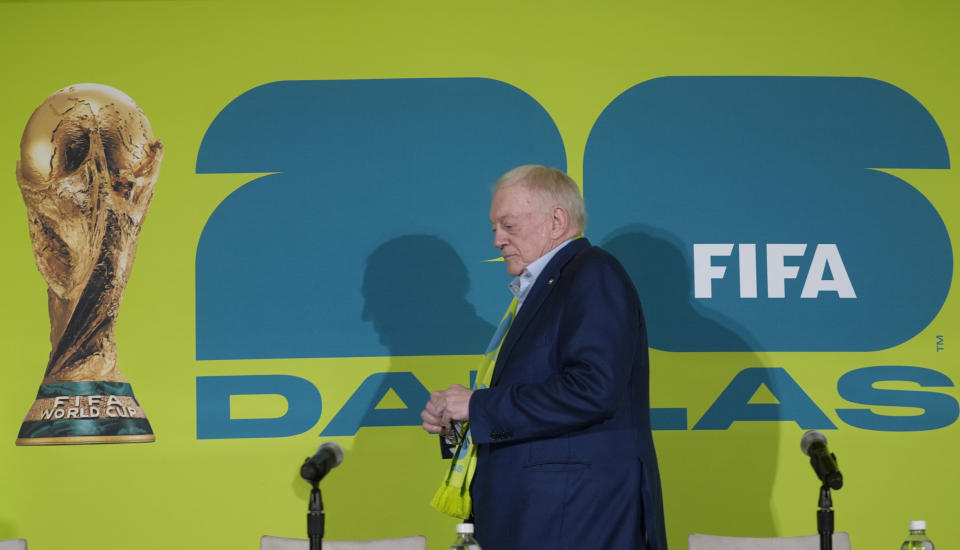 Dallas Cowboys owner Jerry Jones arrives to speak to reporters after the match schedule was revealed for soccer's FIFA World Cup 2026 during an even at AT&T Stadium in Arlington, Texas, Sunday, Feb. 4, 2024. (AP Photo/LM Otero)