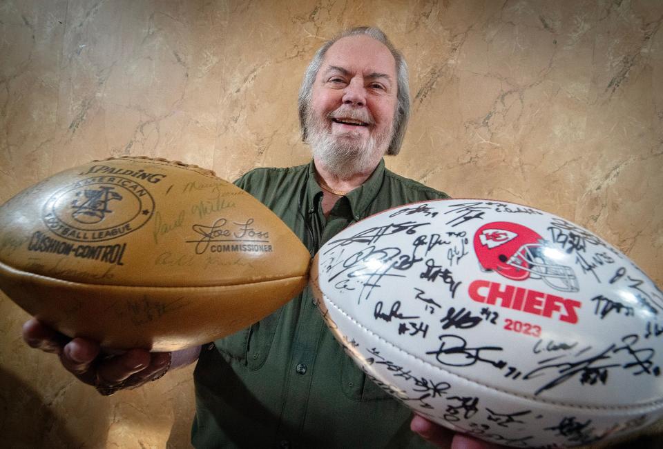 Longtime Kansas City Chiefs fan Michael Flannes has team-signed balls from nearly every year, starting with the Dallas Texans to the current Chiefs, as a part of his Kansas City Chiefs memorabilia in his Jackson home. His father was one of a group of 25 people who worked to get the American Football League started. The Dallas Texans, now the Chiefs, were a chartered member of the AFL. The Chiefs now play in the National Football League.