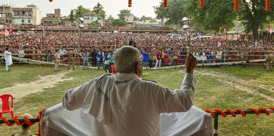 Bihar Chief Minister Nitish Kumar addresses an election campaign rally ahead of Bihar Assembly election on October 22, 2020 in Hasanpur, India. (Photo by Santosh Kumar/Hindustan Times via Getty Images)