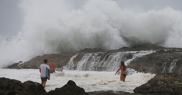 Surfers head out Snapper Rocks as Cyclone Marcia approaches. Source: Getty