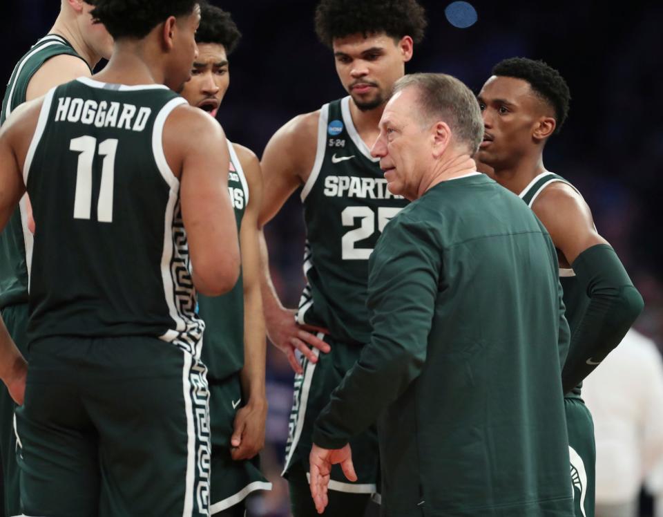 Michigan State coach Tom Izzo talks to his team during overtime of MSU's 98-93 overtime loss in the Sweet 16 on Thursday, March 23, 2023, in New York.