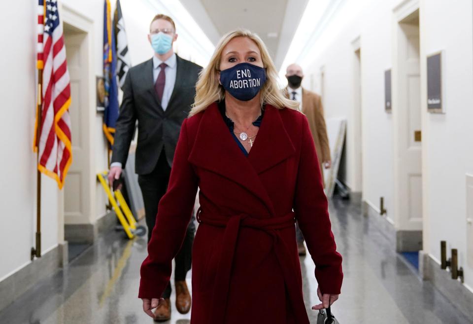 Representative Marjorie Taylor Greene, Republican of Georgia, leaves her office on Capitol Hill on February 3, 2021, in Washington, D.C. / Credit: ALEX EDELMAN/AFP via Getty Images