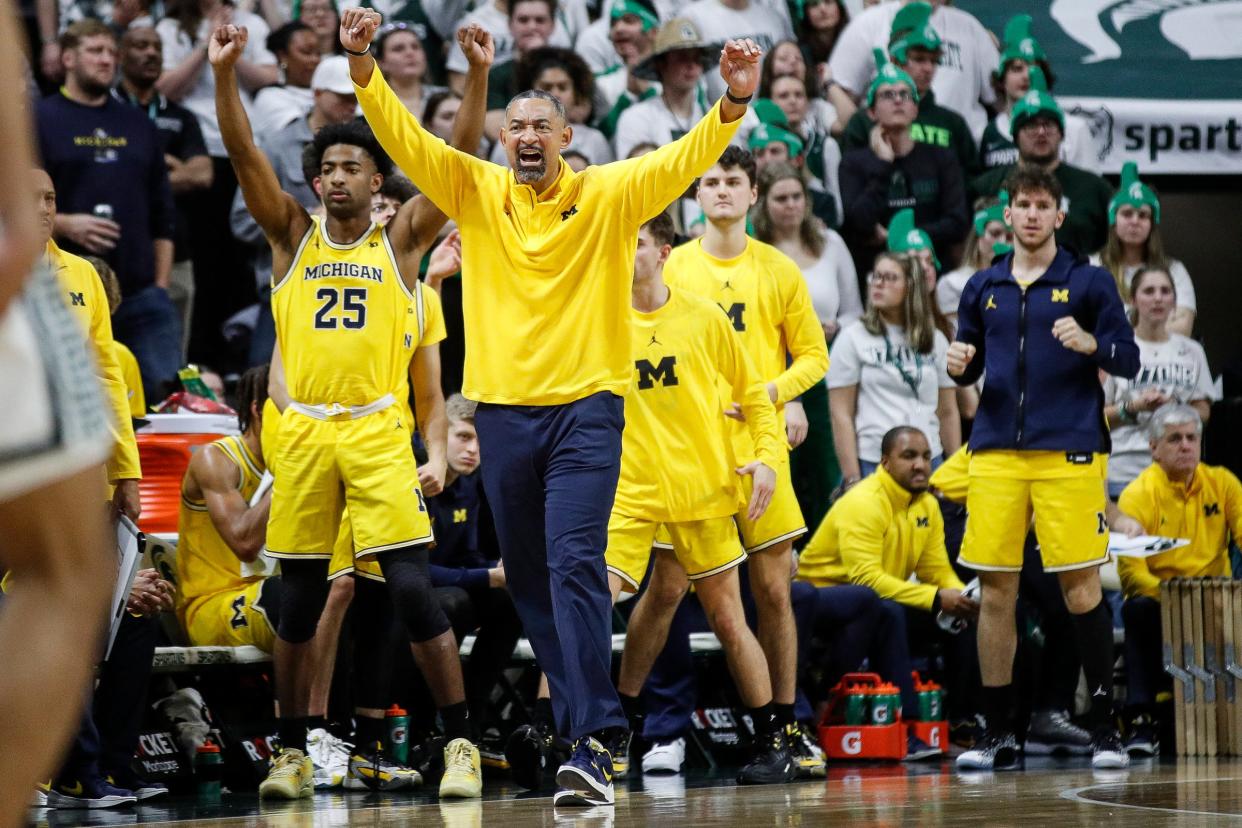 Michigan head coach Juwan Howard reacts to a play against Michigan State during the first half at Breslin Center in East Lansing on Tuesday, Jan. 30, 2024.