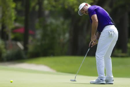 Apr 20, 2019; Hilton Head, SC, USA; Rory Sabbatini putts on the green of the fifth hole during the third round of the RBC Heritage golf tournament at Harbour Town Golf Links. Mandatory Credit: Joshua S. Kelly-USA TODAY Sports