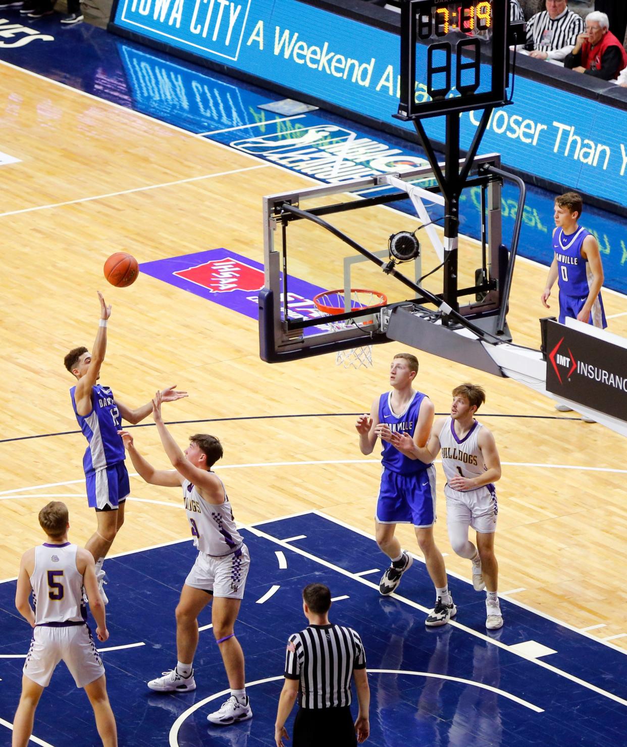 Cadence Williams of Danville puts up a shot during a game against Lake Mills in the Iowa high school boys state basketball 1A quarterfinals at Wells Fargo Arena in Des Moines, Monday, March 7, 2022.