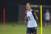 Spain's head coach Luis Enrique reacts during a training session at Qatar University, in Doha, Qatar, Friday, Dec. 2, 2022. Spain will play against Morocco in the round of 16 knockout round of the World Cup soccer tournament on Dec. 6. (AP Photo/Julio Cortez)