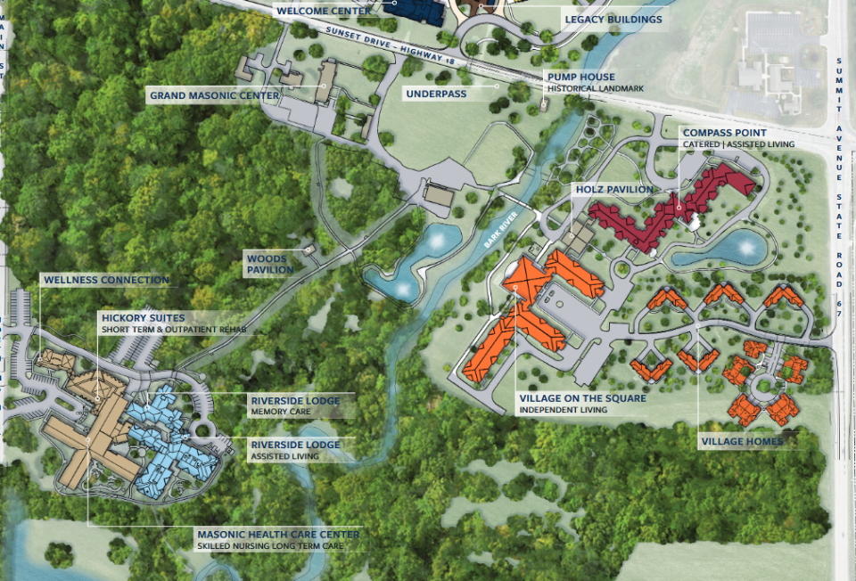 This map shows the existing Three Pillars Senior Living Communities sites and facilities in Dousman south of Highway 18, between Main Street and Highway 67. The beginnings of Three Pillars dates back to 1905.