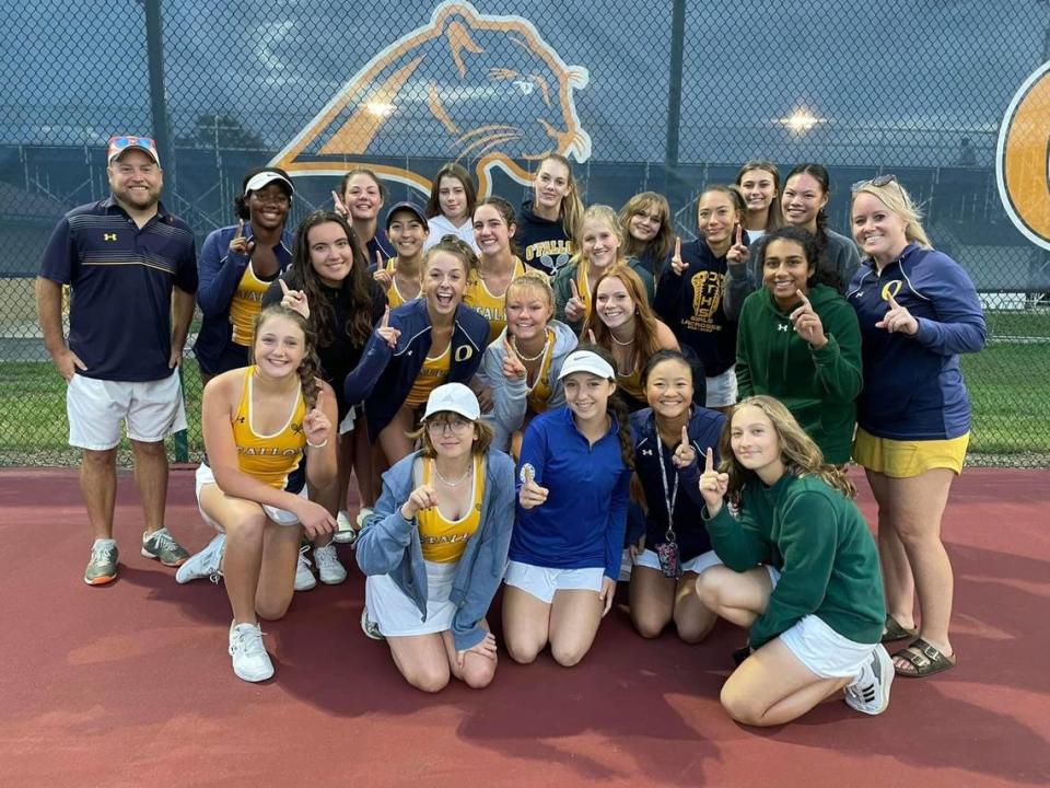 The O’Fallon High School girls tennis team is pictured after an exciting 5-4 victory against Belleville East. In other recent action, the Panthers defeated Alton and Althoff.