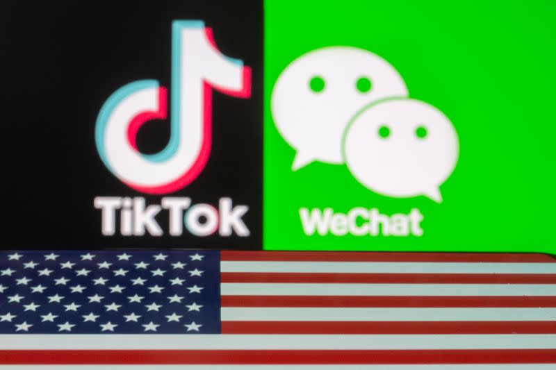 U.S. flag is seen on a smartphone in front of displayed Tik Tok and WeChat logos in this illustration