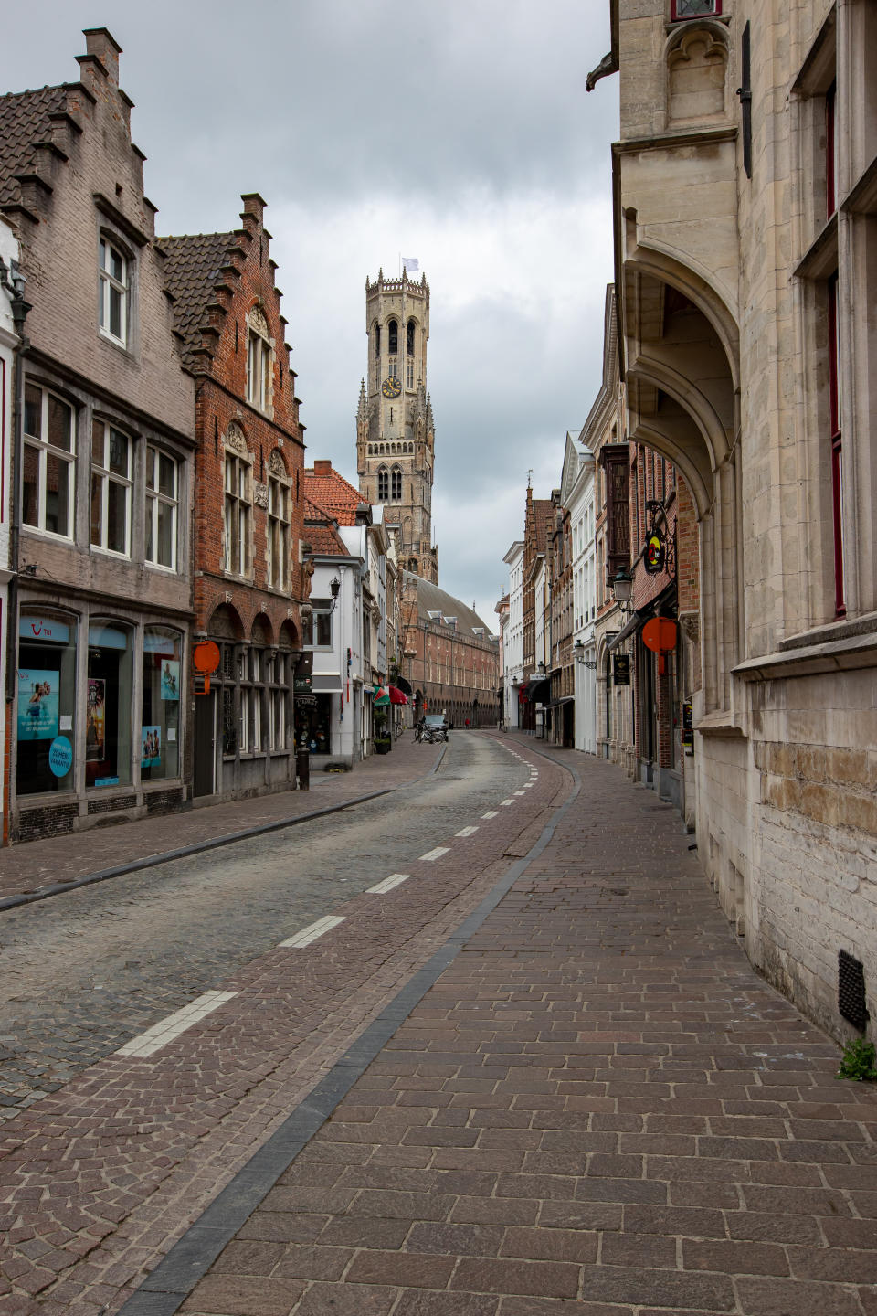 Illustration picture shows deserted streets in the city center of Brugge, Wednesday 29 April 2020. Belgium is in its seventh week of confinement in the ongoing corona virus crisis. The government has announced a phased plan to attempt an exit from the lockdown situation in the country, continuing to avoid the spread of Covid-19. BELGA PHOTO KURT DESPLENTER (Photo by KURT DESPLENTER/BELGA MAG/AFP via Getty Images)