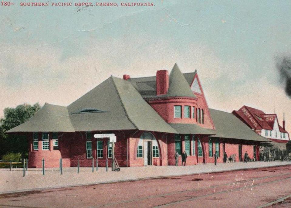 Built on the birthplace of Fresno, the 1889 Southern Pacific Railroad Depot is shown in an early 1900s postcard. It’s on Tulare Street, near H Street.