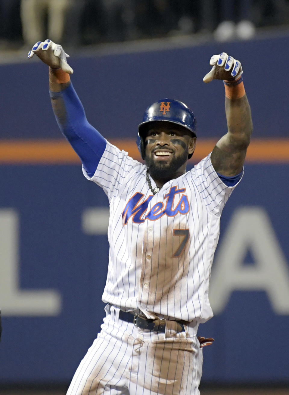 New York Mets shortstop Jose Reyes (7) reacts after hitting a double during the first inning of a baseball game against the Miami Marlins, Saturday, Sept. 29, 2018, in New York. (AP Photo/Bill Kostroun)