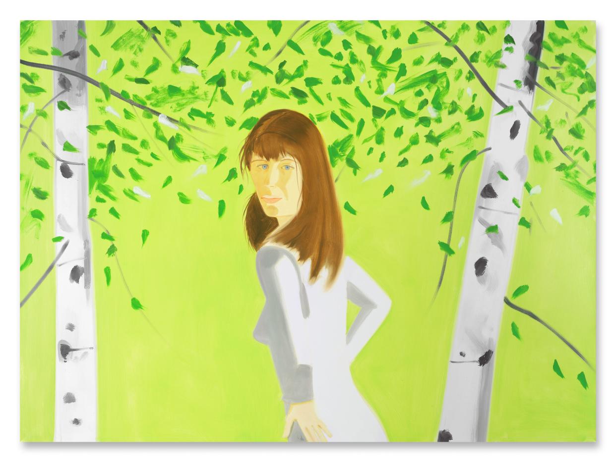 Alex Katz's "Woman in the Birch," a 2004 oil on linen painting, is showcased as part of a new exhibition at Sotheby's Palm Beach gallery.